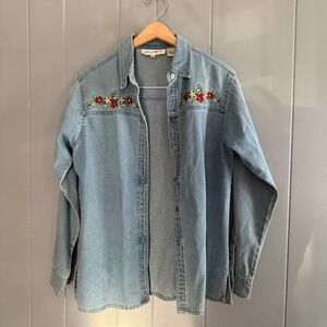 Cathy Daniels Denim Shirt Womens Size Small Embroidered Floral Western Button Up